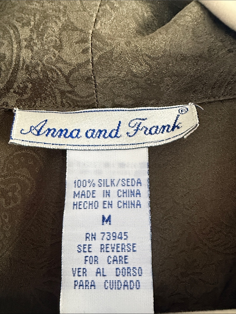 VTG Anna & Frank 100% Silk Olive Button-Front Jacquard Blouse, M, please read! - Picture 2 of 13
